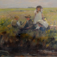 id Fulton 1848-1930 Scotland, Titled Golden Summer with children fishing beside a river within a gilt frame, signed, oil on canvas 60cm by 40cm Hammer; £3,200
